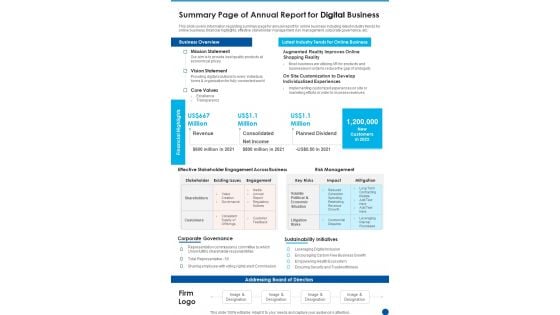 Summary Page Of Annual Report For Digital Business One Pager Documents Summary Page Of Annual Report For Digital Business One Pager Documents