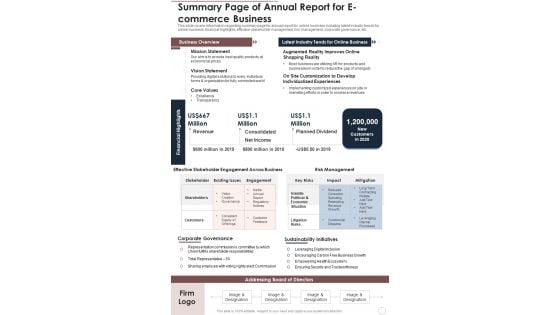 Summary Page Of Annual Report For Ecommerce Business One Pager Documents Summary Page Of Annual Report For Ecommerce Business One Pager Documents