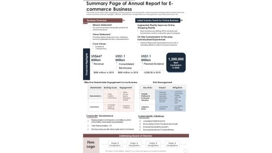 Summary Page Of Annual Report For Ecommerce Business One Pager Documents