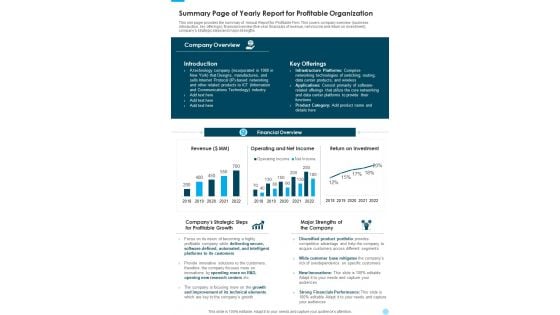 Summary Page Of Yearly Report For Profitable Organization One Pager Documents Summary Page Of Yearly Report For Profitable Organization One Pager Documents