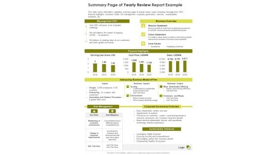 Summary Page Of Yearly Review Report Example One Pager Documents
