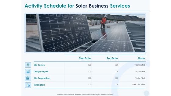 Sun Energy Dealing Activity Schedule For Solar Business Services Ppt Styles Vector PDF