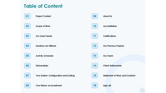 Sun Energy Dealing Table Of Content Ppt Icon Slides PDF