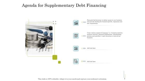 Supplementary Debt Financing Pitch Deck Ppt PowerPoint Presentation Complete Deck With Slides