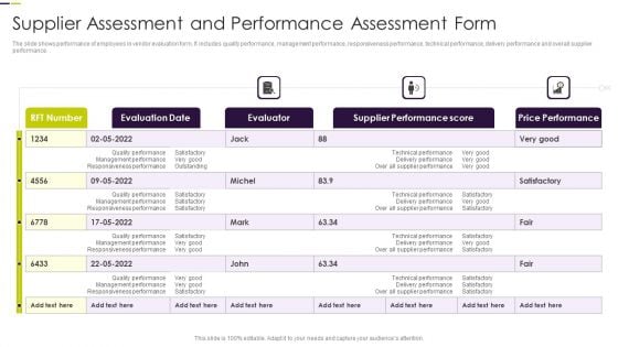 Supplier Assessment And Performance Assessment Form Background PDF