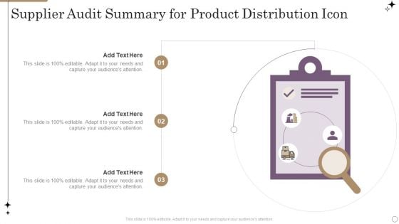 Supplier Audit Summary For Product Distribution Icon Formats PDF