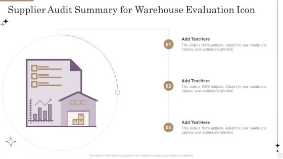 Supplier Audit Summary For Warehouse Evaluation Icon Portrait PDF