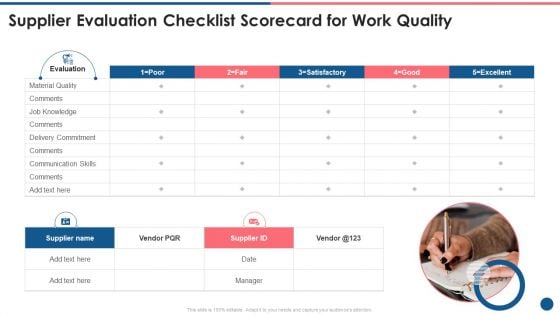 Supplier Scorecard Supplier Evaluation Checklist Scorecard For Work Quality Ideas PDF