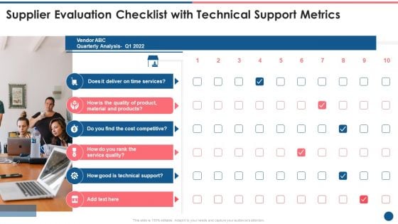 Supplier Scorecard Supplier Evaluation Checklist With Technical Support Metrics Designs PDF