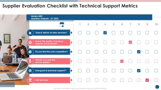 Supplier Scorecard Supplier Evaluation Checklist With Technical Support Metrics Designs PDF Supplier Scorecard Supplier Evaluation Checklist With Technical Support Metrics Designs PDF