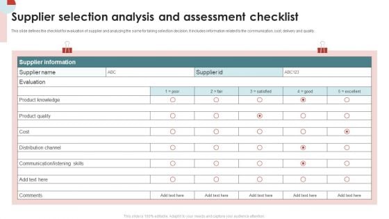 Supplier Selection Analysis And Assessment Checklist Rules PDF