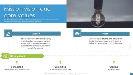 Supply Chain And Logistics Company Profile Mission Vision And Core Values Summary PDF