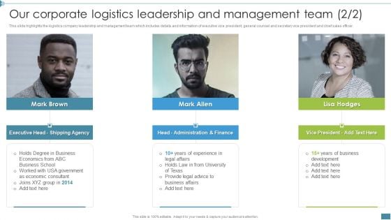 Supply Chain And Logistics Company Profile Our Corporate Logistics Leadership And Management Team Finance Elements PDF