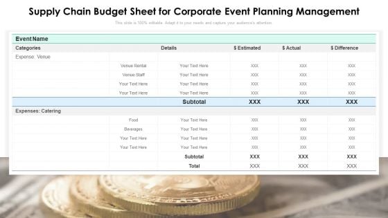 Supply Chain Budget Sheet For Corporate Event Planning Management Ppt PowerPoint Presentation File Layouts PDF