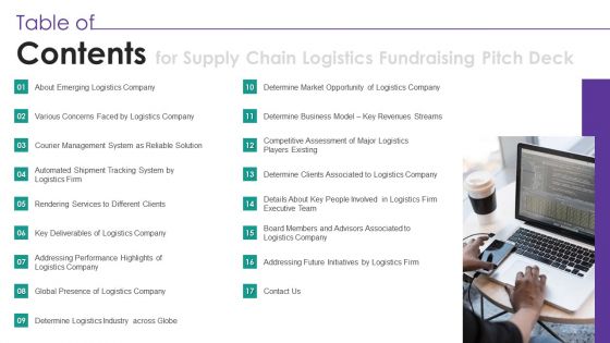 Supply Chain Logistics Fundraising Pitch Deck Table Of Contents Mockup PDF Supply Chain Logistics Fundraising Pitch Deck Table Of Contents Mockup PDF