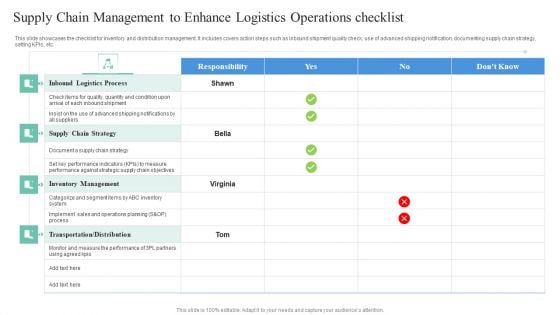 Supply Chain Management To Enhance Logistics Operations Checklist Brochure PDF