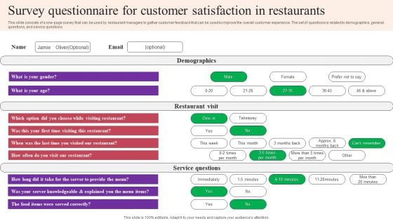 Survey Questionnaire For Customer Satisfaction In Restaurants Survey SS