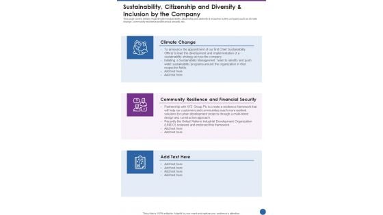 Sustainability Citizenship And Diversity And Inclusion By The Company One Pager Documents