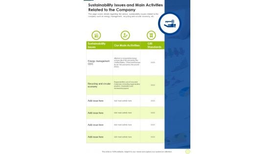 Sustainability Issues And Main Activities Related To The Company One Pager Documents