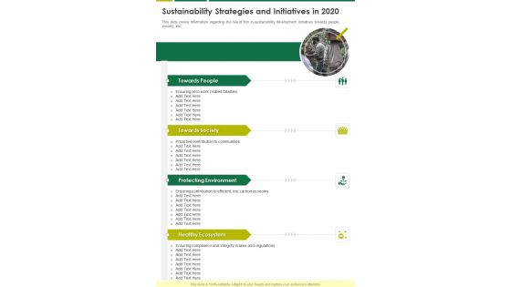 Sustainability Strategies And Initiatives In 2020 One Pager Documents Sustainability Strategies And Initiatives In 2020 One Pager Documents