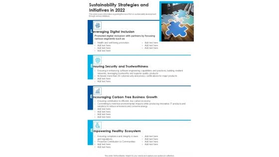 Sustainability Strategies And Initiatives In 2022 One Pager Documents