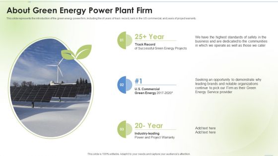 Sustainable Energy About Green Energy Power Plant Firm Ppt PowerPoint Presentation Portfolio Design Templates PDF