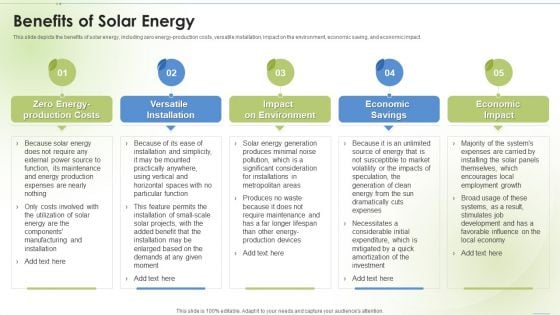 Sustainable Energy Benefits Of Solar Energy Ppt PowerPoint Presentation Infographics Tips PDF