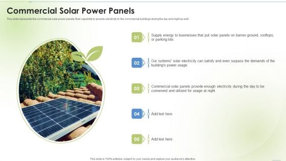 Sustainable Energy Commercial Solar Power Panels Ppt PowerPoint Presentation Infographic Template Template PDF