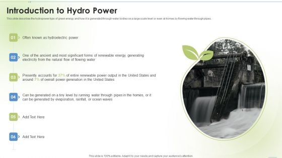 Sustainable Energy Introduction To Hydro Power Ppt PowerPoint Presentation Infographic Template Structure PDF