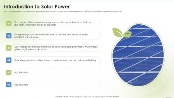 Sustainable Energy Introduction To Solar Power Ppt PowerPoint Presentation Model Images PDF