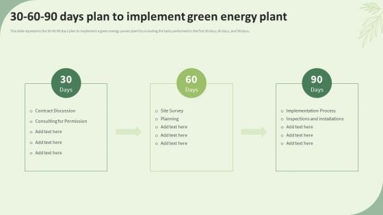 Sustainable Energy Resources 30 60 90 Days Plan To Implement Green Energy Plant Pictures PDF