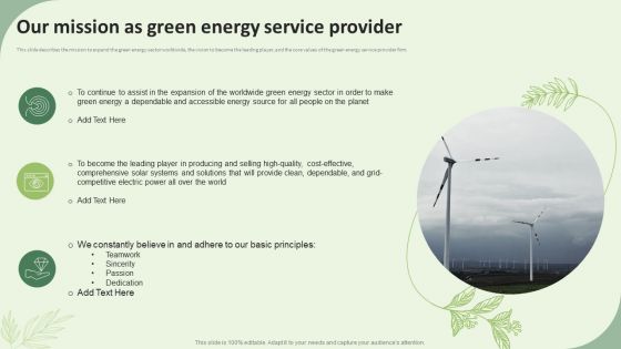 Sustainable Energy Resources Our Mission As Green Energy Service Provider Clipart PDF