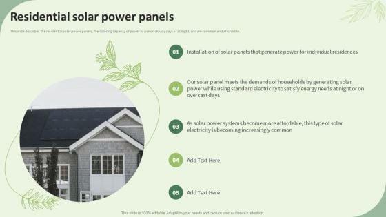 Sustainable Energy Resources Residential Solar Power Panels Ppt Ideas Example File PDF