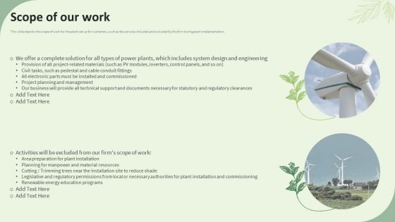 Sustainable Energy Resources Scope Of Our Work Ppt Pictures Icon PDF