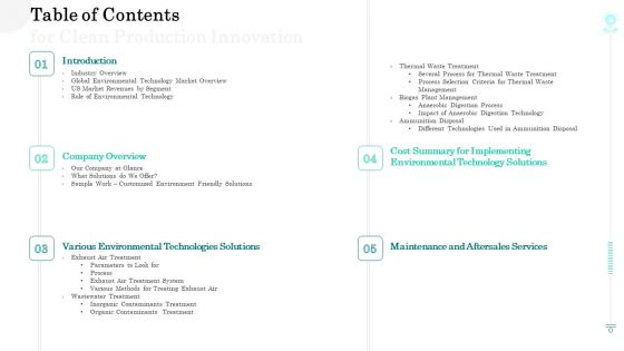 Sustainable Green Manufacturing Innovation Table Of Contents For Clean Production Innovation Portrait PDF