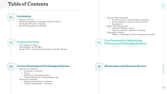 Sustainable Green Manufacturing Innovation Table Of Contents For Clean Production Innovation Portrait PDF Sustainable Green Manufacturing Innovation Table Of Contents For Clean Production Innovation Portrait PDF