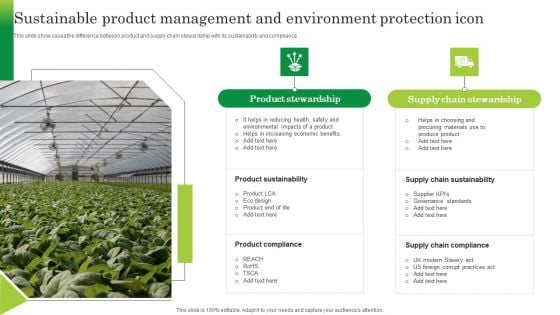 Sustainable Product Management And Environment Protection Icon Background PDF