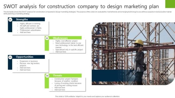 Swot Analysis For Construction Company To Design Marketing Plan Background PDF