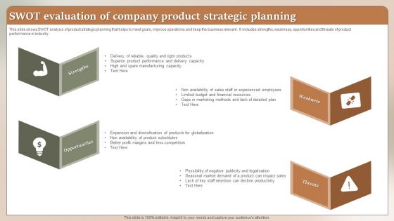 Swot Evaluation Of Company Product Strategic Planning Ppt Layouts Ideas PDF