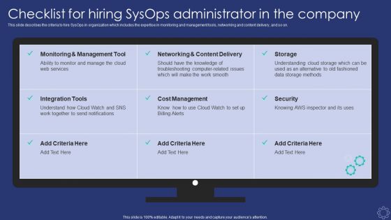 Sysops Administrator IT Checklist For Hiring Sysops Administrator In The Company Slides PDF Sysops Administrator IT Checklist For Hiring Sysops Administrator In The Company Slides PDF