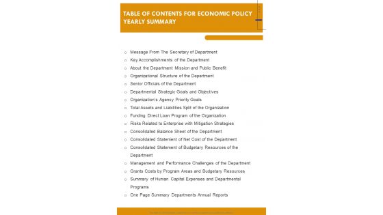 TABLE OF CONTENTS FOR ECONOMIC POLICY YEARLY SUMMARY One Pager Documents TABLE OF CONTENTS FOR ECONOMIC POLICY YEARLY SUMMARY One Pager Documents