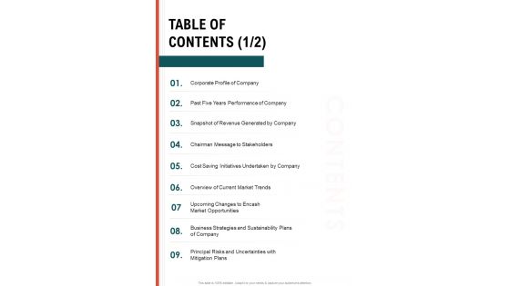 TABLE OF CONTENTS One Pager Documents TABLE OF CONTENTS One Pager Documents