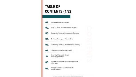 TABLE OF CONTENTS One Pager Documents