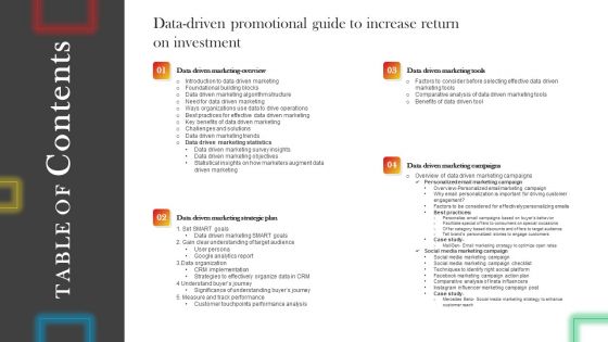 TABLE OF Contents Datadriven Promotional Guide To Increase Return On Investment Graphics PDF