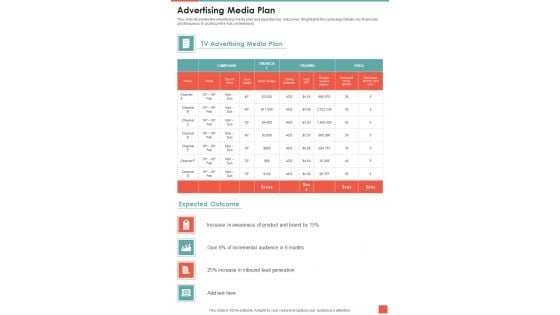 TV Promotion Proposal Advertising Media Plan One Pager Sample Example Document