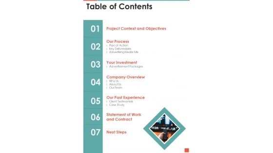 TV Promotion Proposal Table Of Contents One Pager Sample Example Document