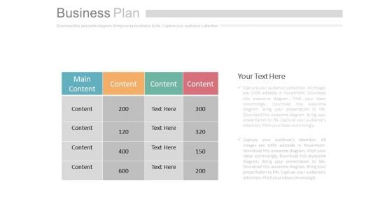 Table Chart For Business Plan Powerpoint Slides