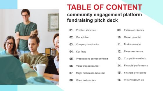 Table Of Community Engagement Platform Fundraising Pitch Deck Microsoft PDF