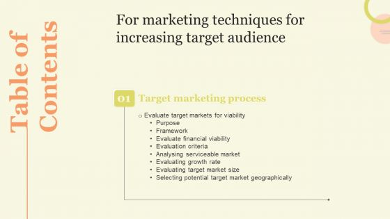 Table Of Conetsnts For Marketing Techniques For Increasing Target Audience Rate Guidelines PDF