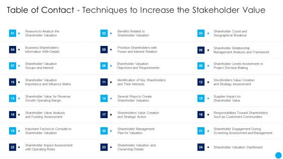 Table Of Contact Techniques To Increase The Stakeholder Value Ppt Show Design Templates PDF